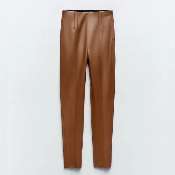 NWT ZARA CAMEL FAUX LEATHER LEGGING PANTS Size L - Picture 2 of 9